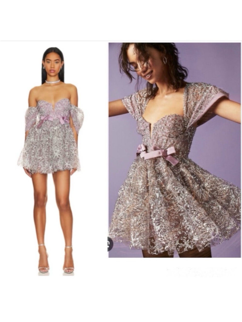 For Love & Lemons Brynne Dress Purple Metallic Bows Puff Sleeves Prom Coquette
